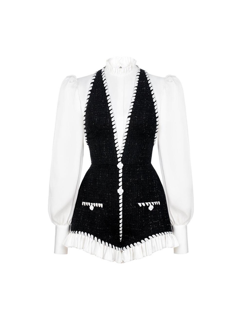 Montsand Black & White Tweed Romper with Ruffle Trim